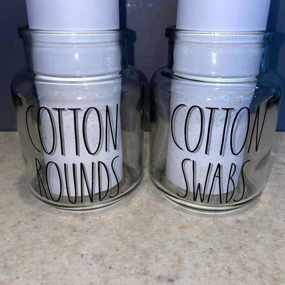 Rae Dunn Vanity Set Glass Wood Jar Containers Cotton Swabs Cotton Rounds